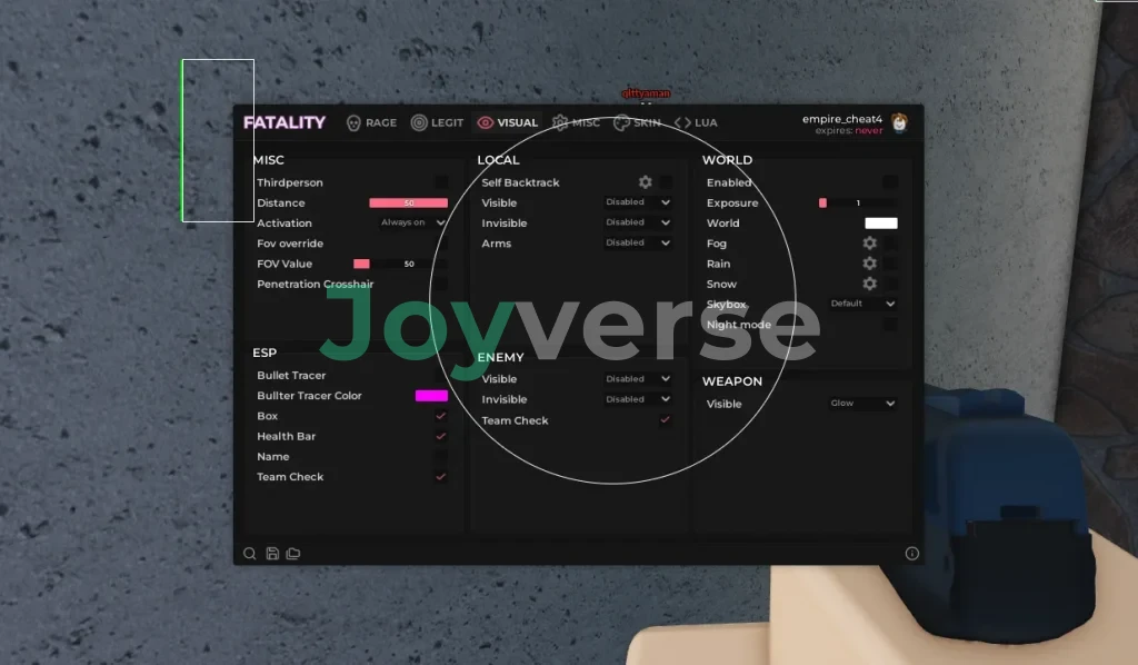 Скрипт с аимом, вх и кастомизацией мира для всех игр в Roblox - Fatality