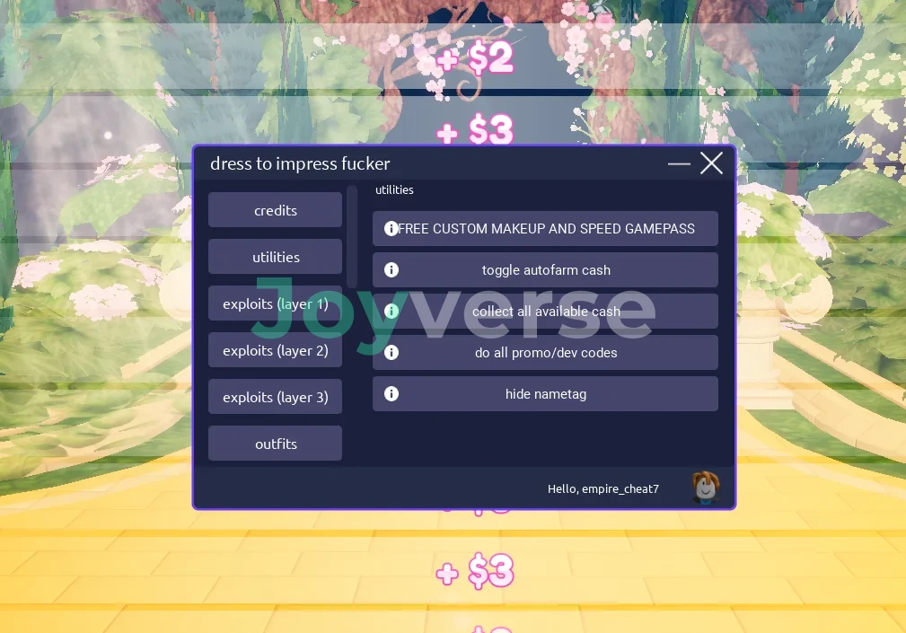 Какие функции есть в этом скрипте на игру "Платье чтобы впечатлить" в Роблокс?