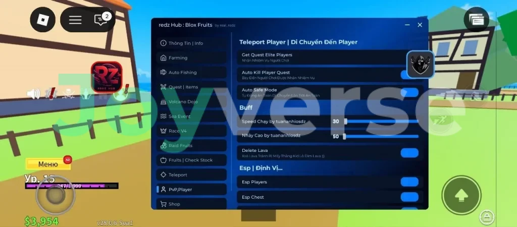 Функционал скрипта на Блокс Фрутс - redz Hub